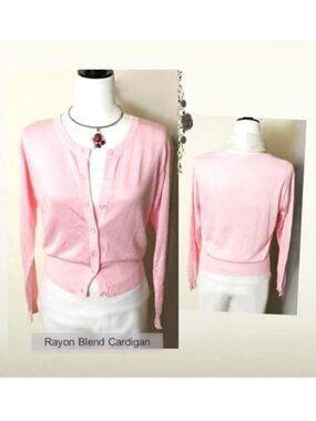 Rayon Blend Light Pink Cardigan Clear Button Up Round Neck Long Sleeves Sheen M